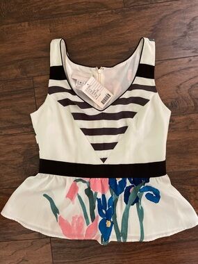 Anthropologie Corey Lynn Carter White Black Striped Floral Peplum Top size 6